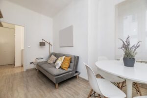 A small living room with a sofa bed upholstered in gray velvet a