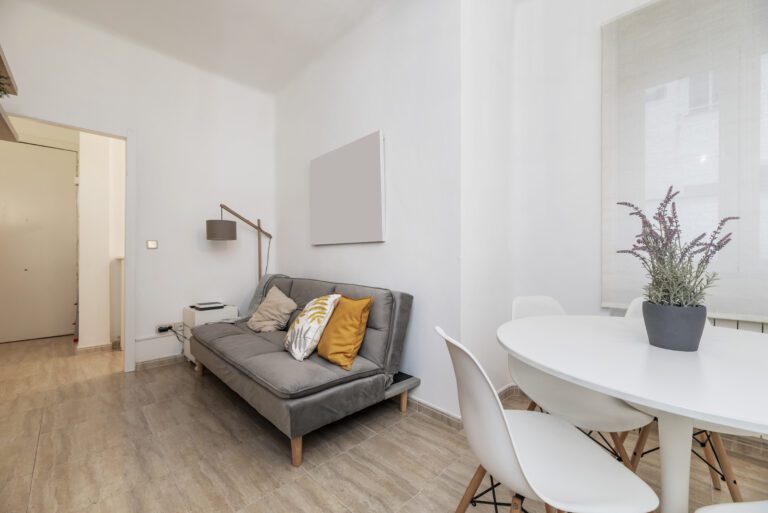 A small living room with a sofa bed upholstered in gray velvet a
