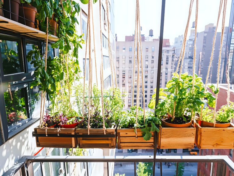 An innovative industrial fire escape turned into a vibrant vertical garden retreat showcasing diverse plants. This scene highlights the resourcefulness of urban gardening in densely populated areas.